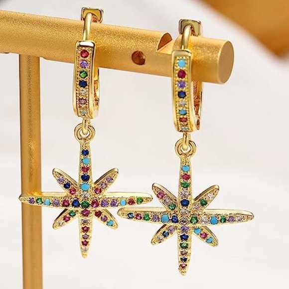 New Multicolor Stars Rhinestone Huggie Star Hoop Earrings Pave CZ Crystal Hoops - Picture 2 of 4